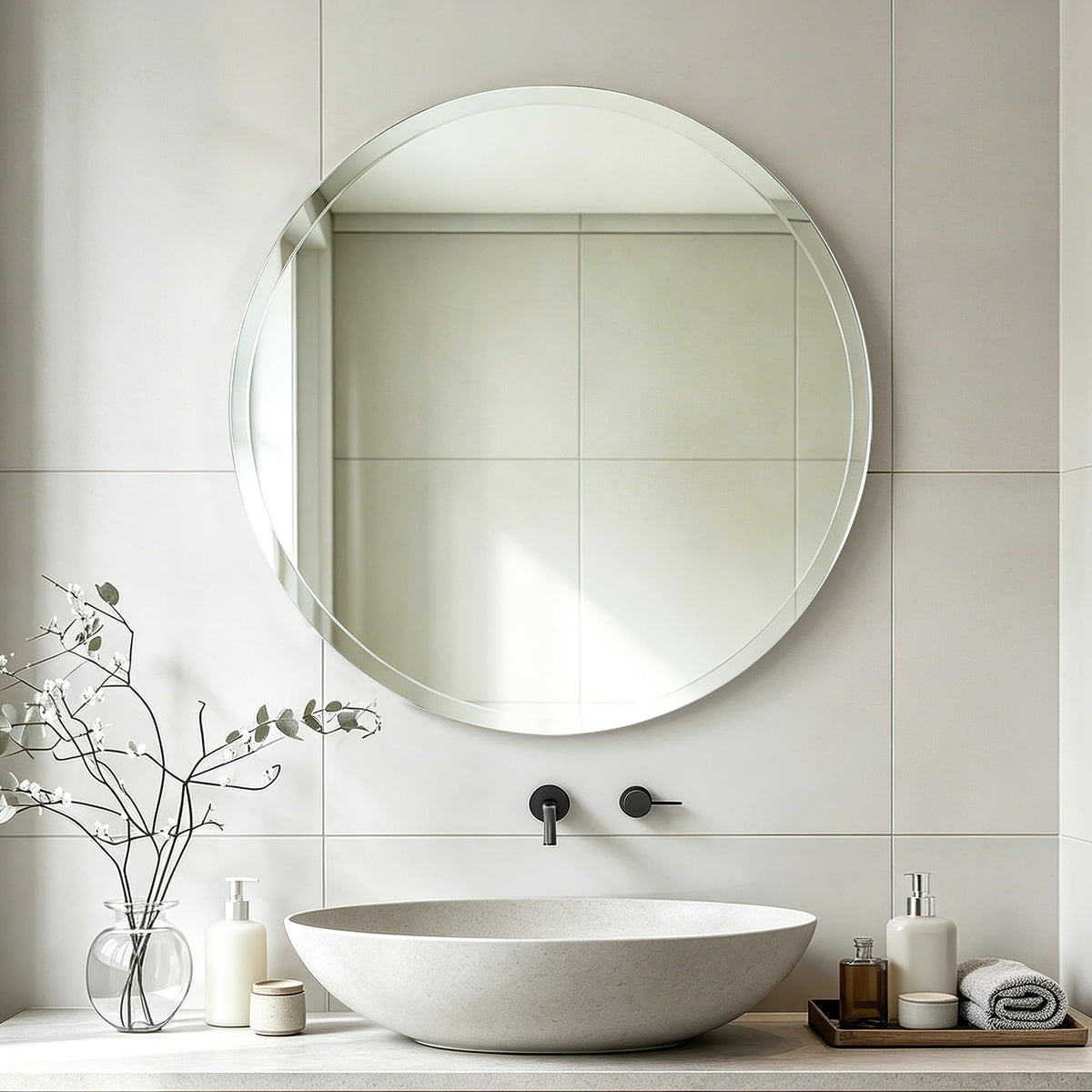 Silver Wall Mirror-Beveled Edge Frameless Mirror for Bathroom, Vanity, Bedroom, Rectangle Mirrors （32X24inch）
