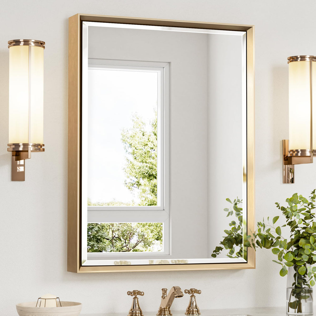 Brushed Nickel Bathroom Mirror, 24x32 Inch Beveled Framed Bathroom Mirror Anti-Rust, Brushed Nickel Metal Frame Bathroom Vanity Mirror for Wall, Vertical/Horizontal Wall-Mounted Mirrors