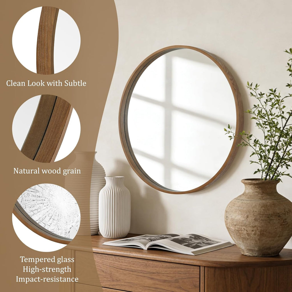 WallBeyond Wood Round Mirror with Wood Frame 24 inch Circle Wall Mirror for Bathroom Round Wall Mirror for Wall Decor, Vanity, Entryway Living Room (Walnut)