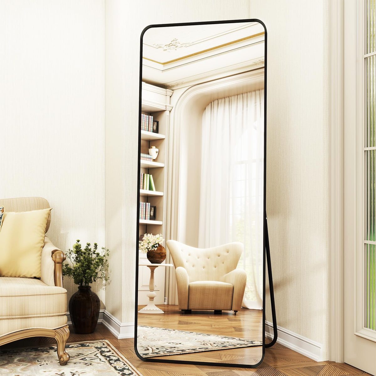 XRAMFY 76"x34" Floor Full Length Mirror Standing Full Body Rounded Corner Rectangle Mirrors with Stand Hanging Wall Mounted Leaning Bedroom Living Room Bedroom Cloakroom,Black