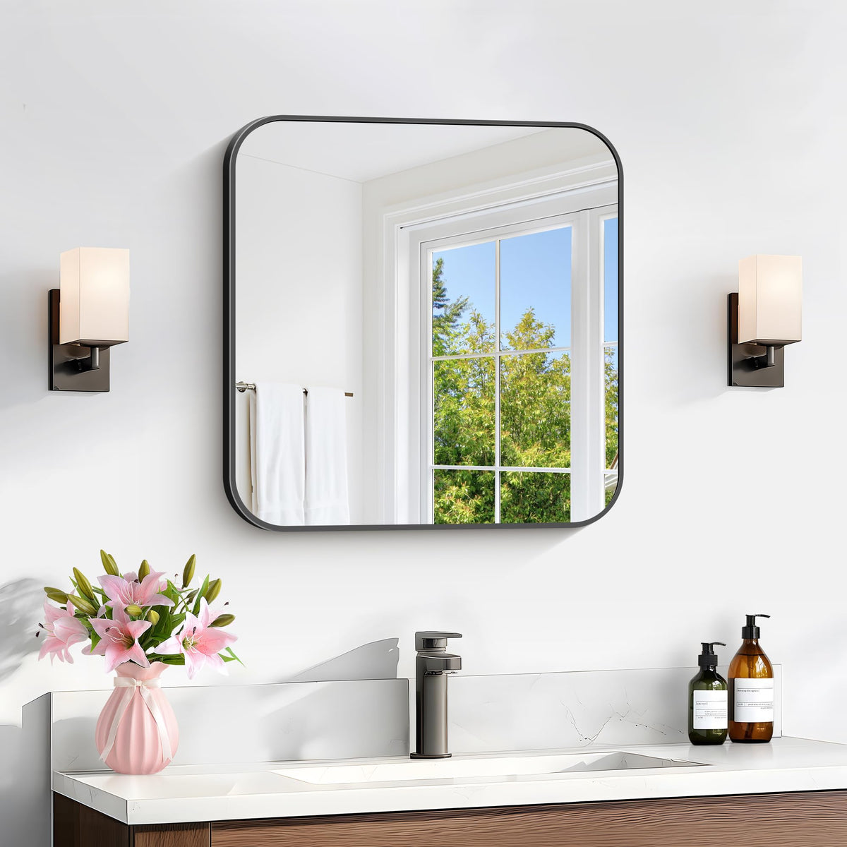 Black Bathroom Mirror, 28x42 inch Aluminum Metal Frame Rectangular Vanity Mirror, Wall Mounted Rectangle Mirrors with Rounded Corner for Bedroom Living Room Hangs Horizontal Or Vertical