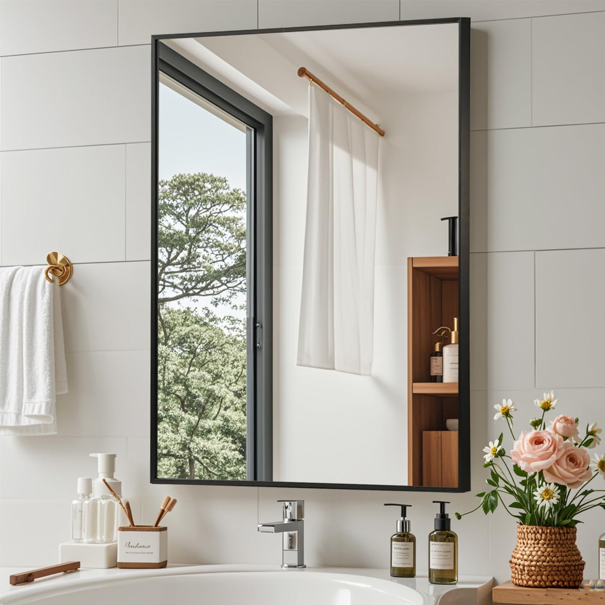 Brushed Nickel Bathroom Mirror, 30"x36" Rectangle Mirror, Brushed Mirror, Metal Frame Square Corner Vanity Mirror, Wall Mounted Mirror for Modern, Living Room, Bedroom, Horizontal Or Vertical