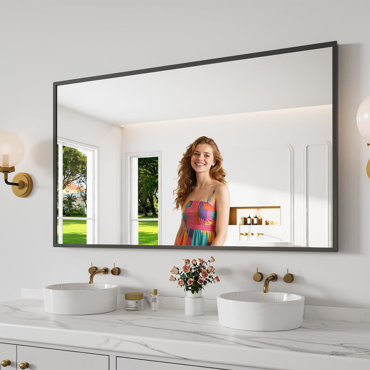 Bathroom Mirror 30"x50" Matte Black Rectangle Bathroom Wall Mirror for Over Sink, Modern Large Vanity Mirror, HD Tempered Glass, Anti-Rust Aluminum Alloy Frame, for Living Room, Bedroom, Entryway