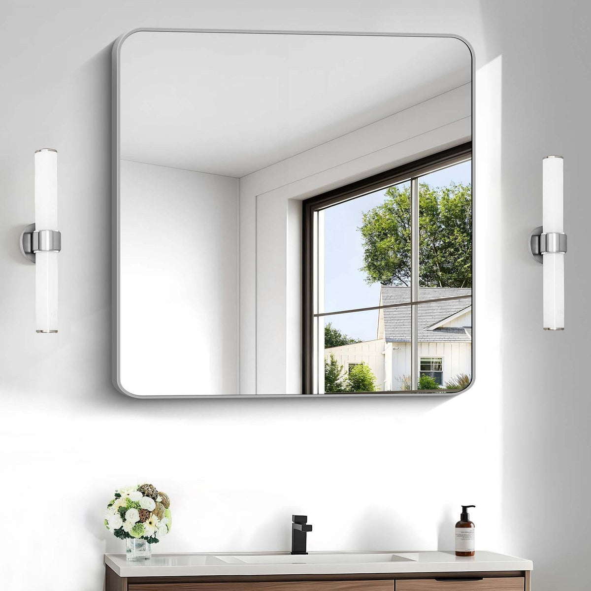 Black Bathroom Mirror, 28x42 inch Aluminum Metal Frame Rectangular Vanity Mirror, Wall Mounted Rectangle Mirrors with Rounded Corner for Bedroom Living Room Hangs Horizontal Or Vertical