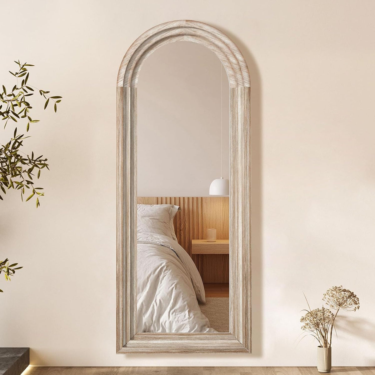 Arched Full Length Mirror with Solid Wood Frame 65x24 Inch Wall Mounted Floor Mirror, Vertical Hanging Leaning Standing Mirror for Living Room, Bedroom, Entryway, Rustic White