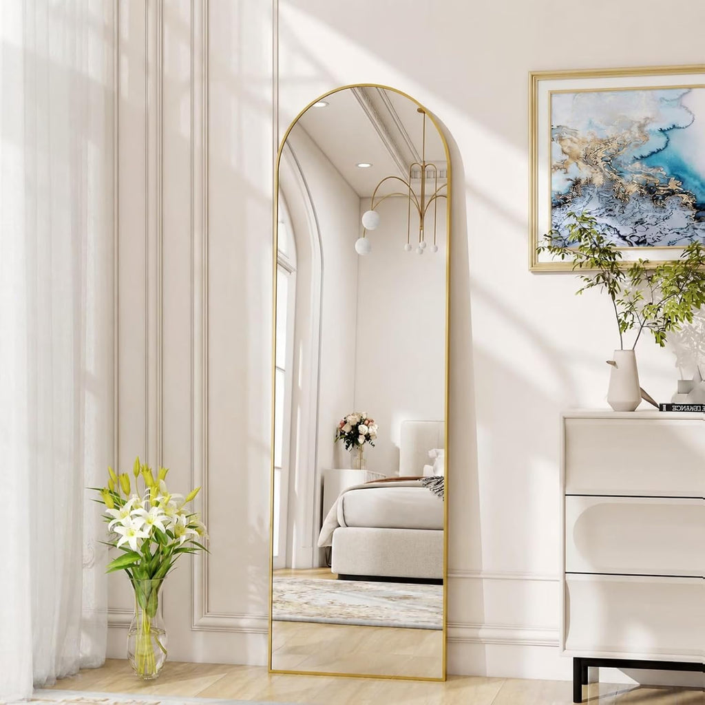 Arched Full Length Floor Mirror with Gold Aluminum Frame, 56"x15"