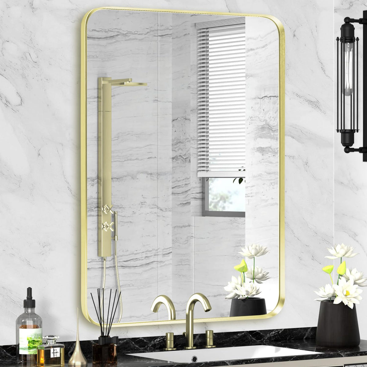 Wall Mount Mirror for Bathroom, Black Metal Framed, 24" x 36"