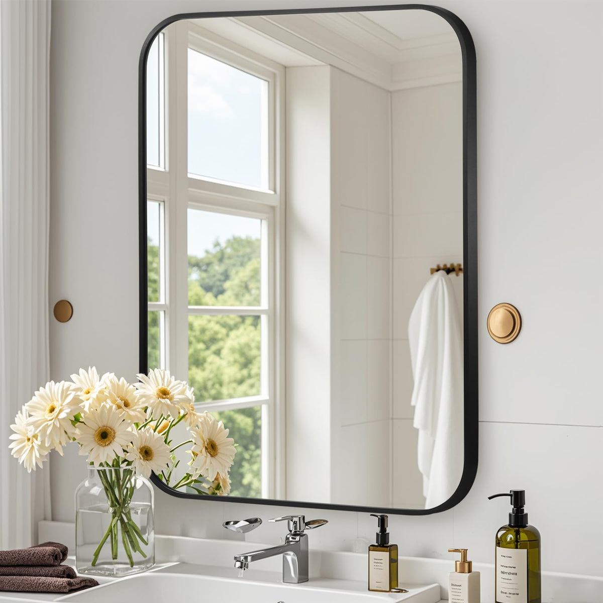 Brushed Nickel Bathroom Mirror, 30"x36" Rectangle Mirror, Brushed Mirror, Metal Frame Square Corner Vanity Mirror, Wall Mounted Mirror for Modern, Living Room, Bedroom, Horizontal Or Vertical