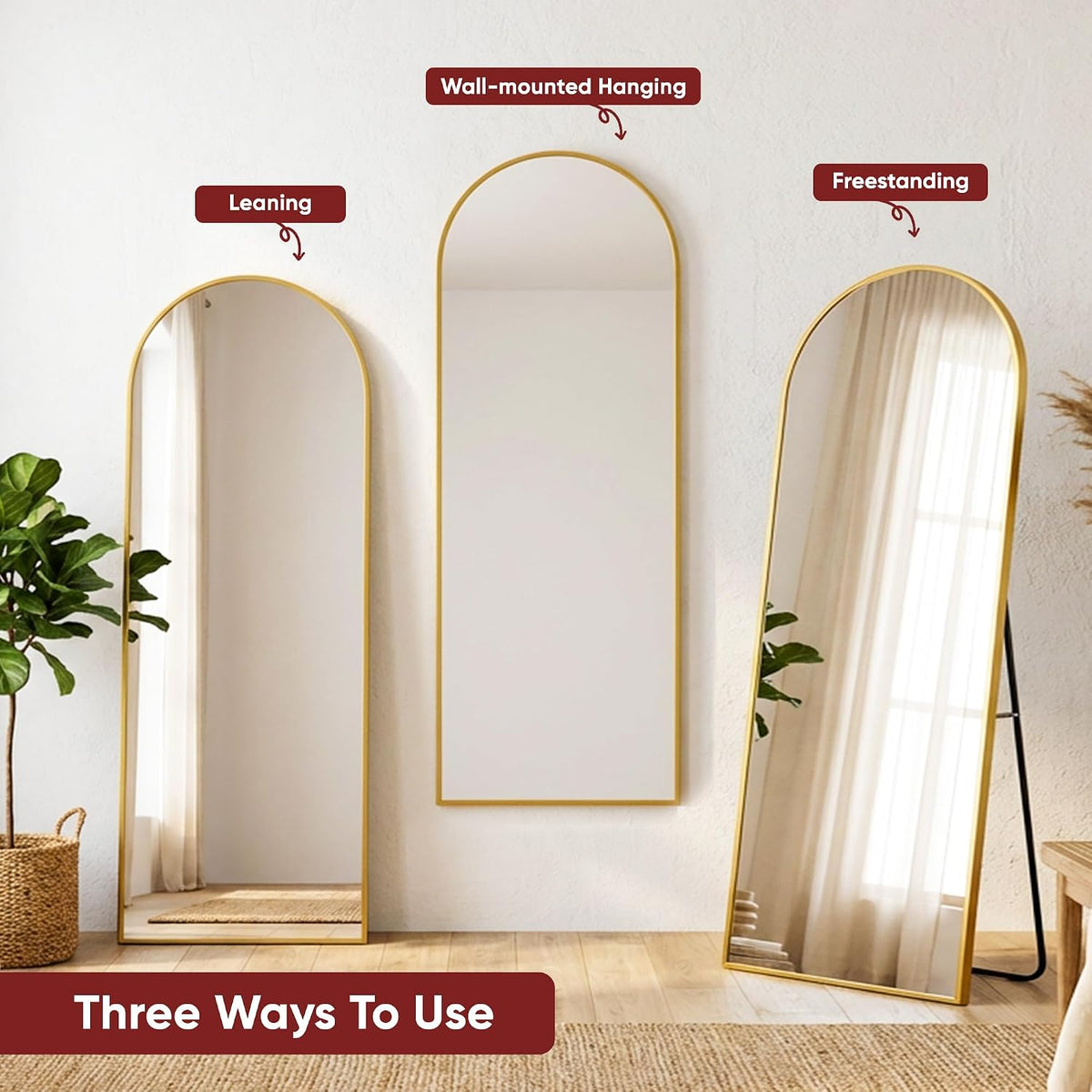 Antok 58" x 20" Arched Full Length Floor Mirror, Aluminum Frame, Black