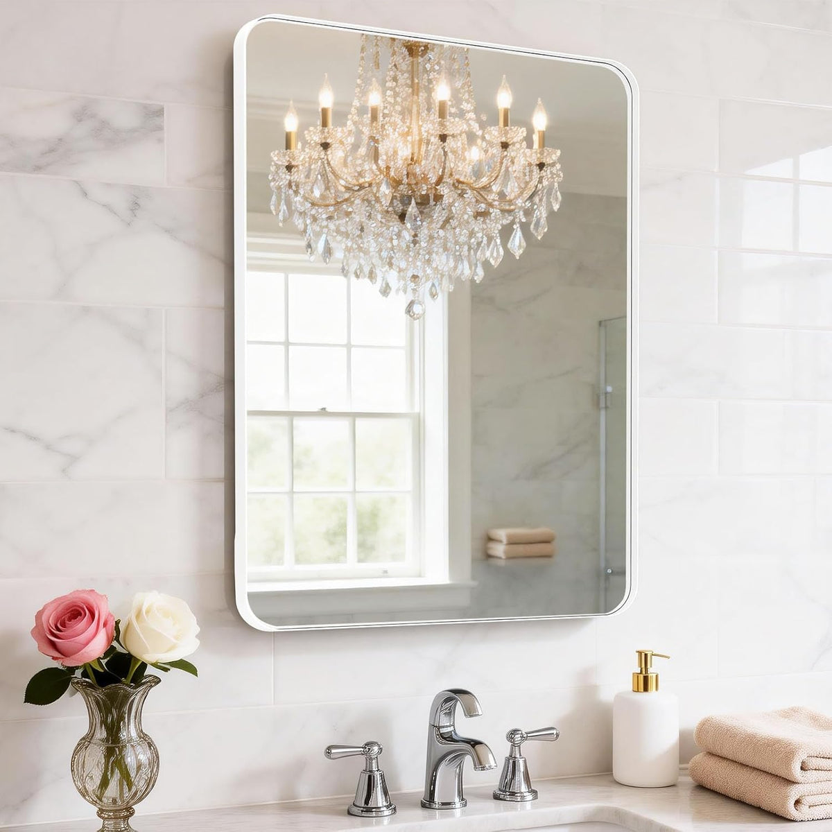 Black Bathroom Mirror 24 x 28 in Vanity Mirror,Metal Frame Wall Mirror,Farmhouse Rectangle Mirror, Bathroom Mirrors for Over Sink,Horizontal or Vertical Hanging