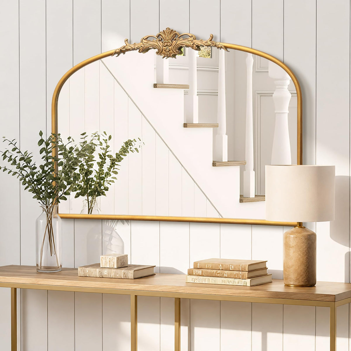 Besdomus Vintage Arched Gold Mirror: 40"x29" Large Brass Antique Decorative