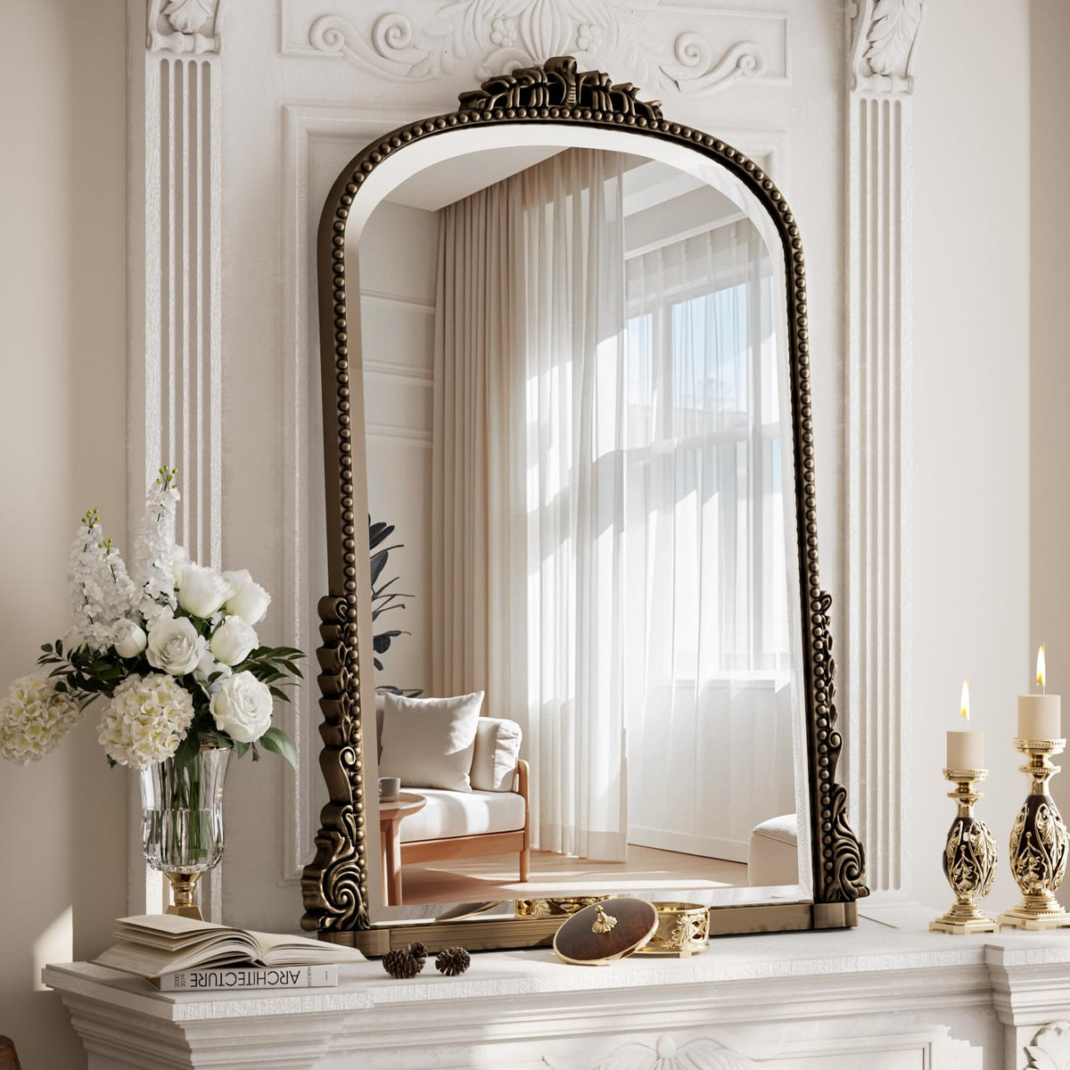 24"×32" Bronze Arched Wall Mirror with Vintage Carving