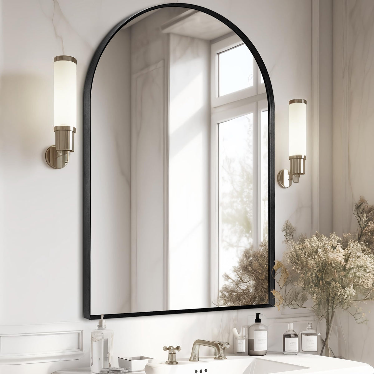 Wall Mount Mirror for Bathroom, Black Metal Framed, 24" x 36"