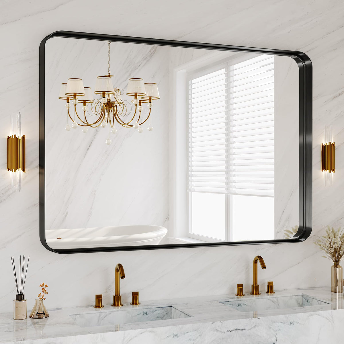 30x36 Inch Black Metal Framed Bathroom Mirror for Wall, HD Tempered Glass