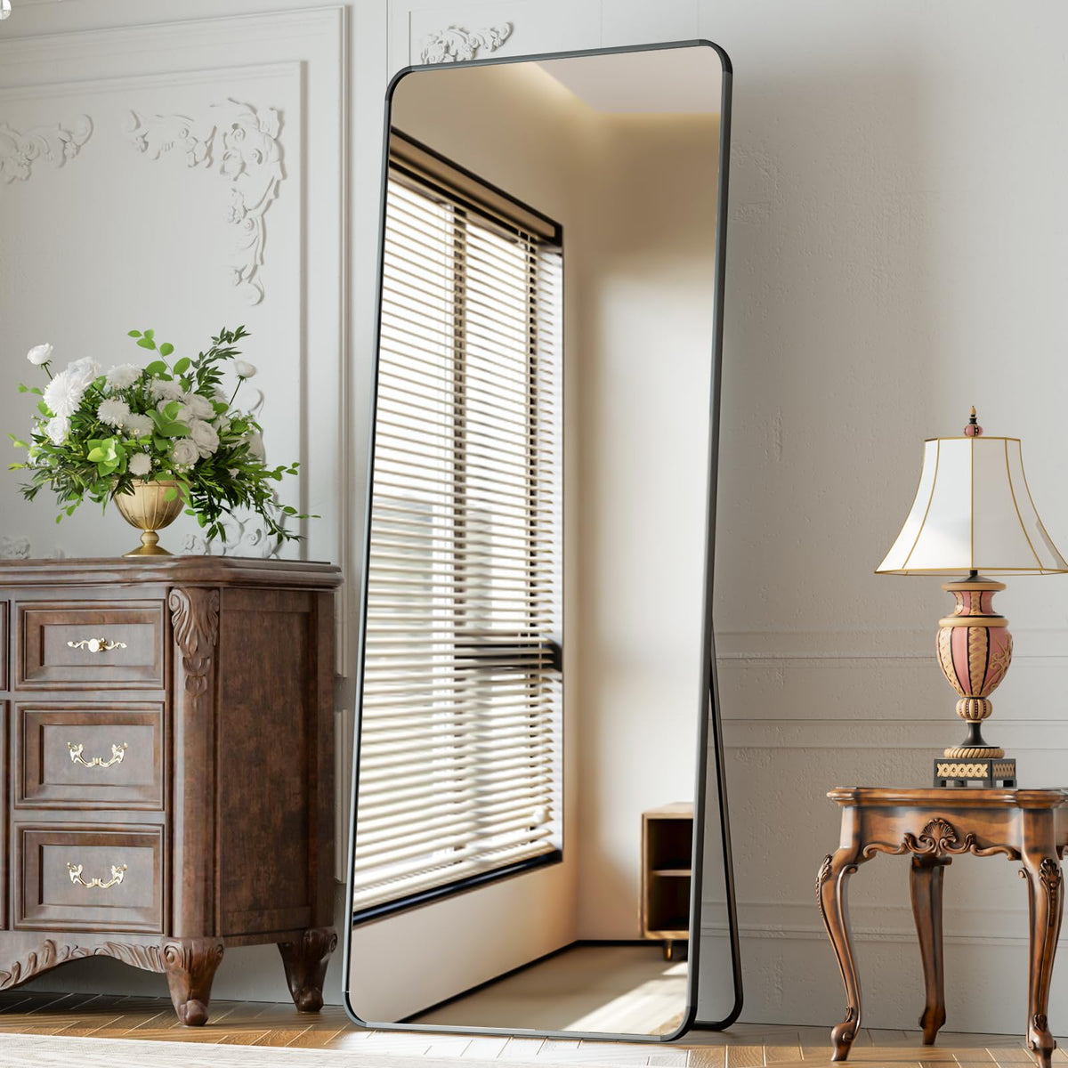 XRAMFY 56"x21" Floor Full Length Mirror Standing Full Body Rounded Corner Rectangle Mirrors with Stand Hanging Wall Mounted Leaning Bedroom Living Room Bedroom Cloakroom,Black