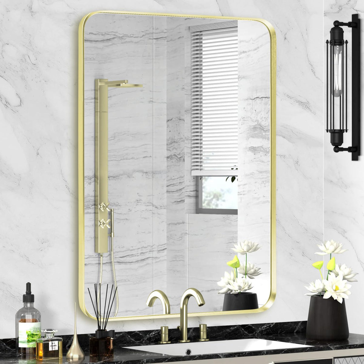 Wall Mount Mirror for Bathroom, Black Metal Framed, 24" x 36"