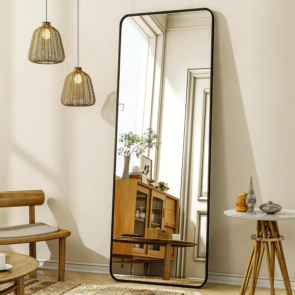 XRAMFY 56"x21" Floor Full Length Mirror Standing Full Body Rounded Corner Rectangle Mirrors with Stand Hanging Wall Mounted Leaning Bedroom Living Room Bedroom Cloakroom,Black