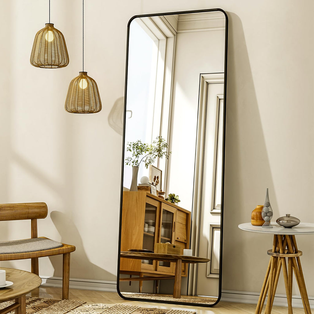 XRAMFY 76"x34" Floor Full Length Mirror Standing Full Body Rounded Corner Rectangle Mirrors with Stand Hanging Wall Mounted Leaning Bedroom Living Room Bedroom Cloakroom,Black
