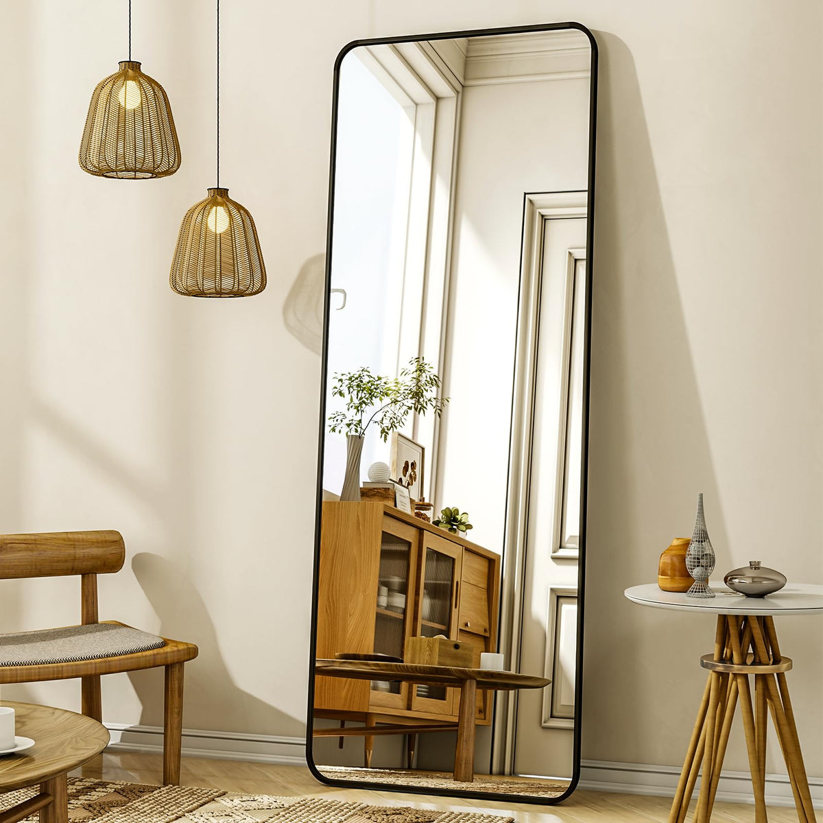 XRAMFY 76"x34" Floor Full Length Mirror Standing Full Body Rounded Corner Rectangle Mirrors with Stand Hanging Wall Mounted Leaning Bedroom Living Room Bedroom Cloakroom,Black