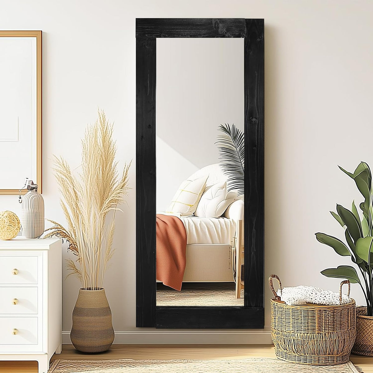 58x24in Full Length Mirror, Solid Wood Convex Frame, Black