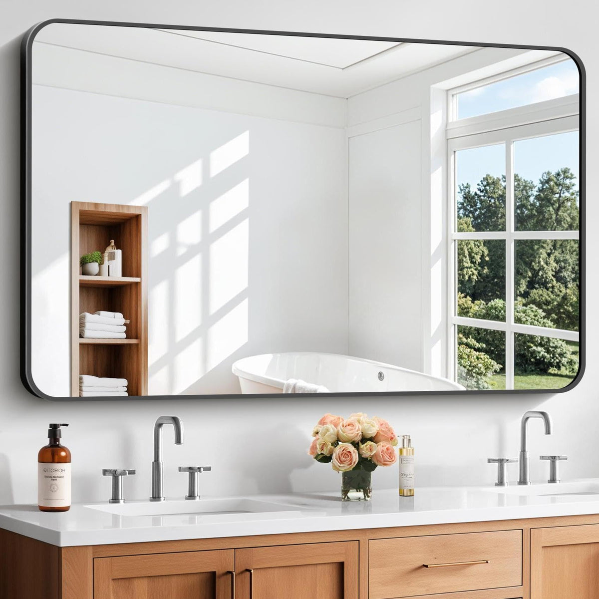 Black Bathroom Mirror, 28x42 inch Aluminum Metal Frame Rectangular Vanity Mirror, Wall Mounted Rectangle Mirrors with Rounded Corner for Bedroom Living Room Hangs Horizontal Or Vertical