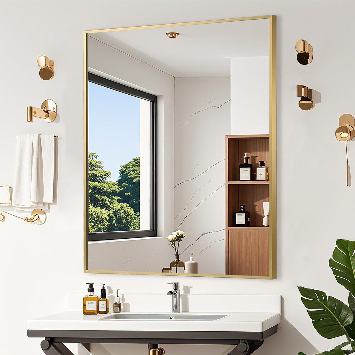 Brushed Nickel Bathroom Mirror, 30"x36" Rectangle Mirror, Brushed Mirror, Metal Frame Square Corner Vanity Mirror, Wall Mounted Mirror for Modern, Living Room, Bedroom, Horizontal Or Vertical