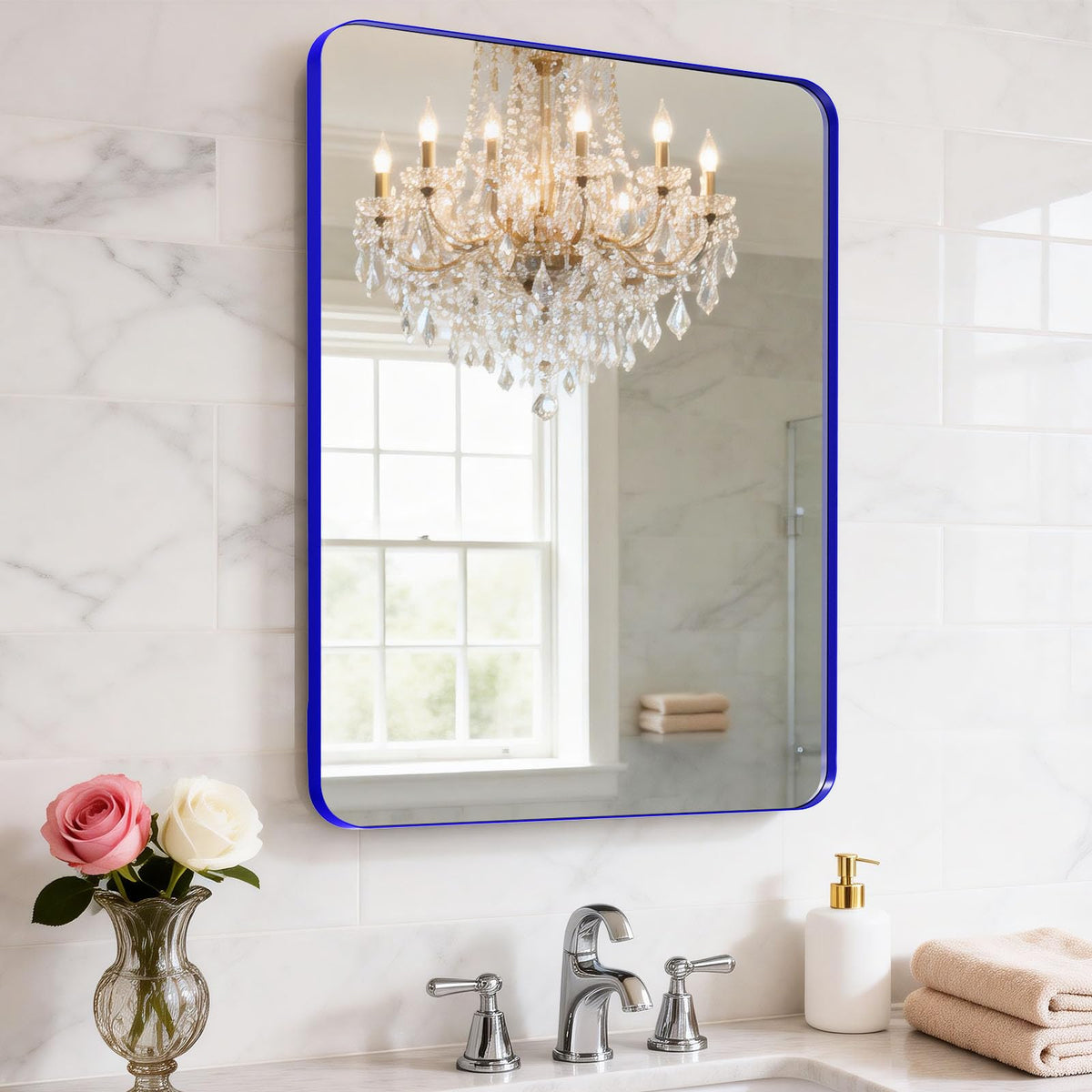 Black Bathroom Mirror 24 x 28 in Vanity Mirror,Metal Frame Wall Mirror,Farmhouse Rectangle Mirror, Bathroom Mirrors for Over Sink,Horizontal or Vertical Hanging