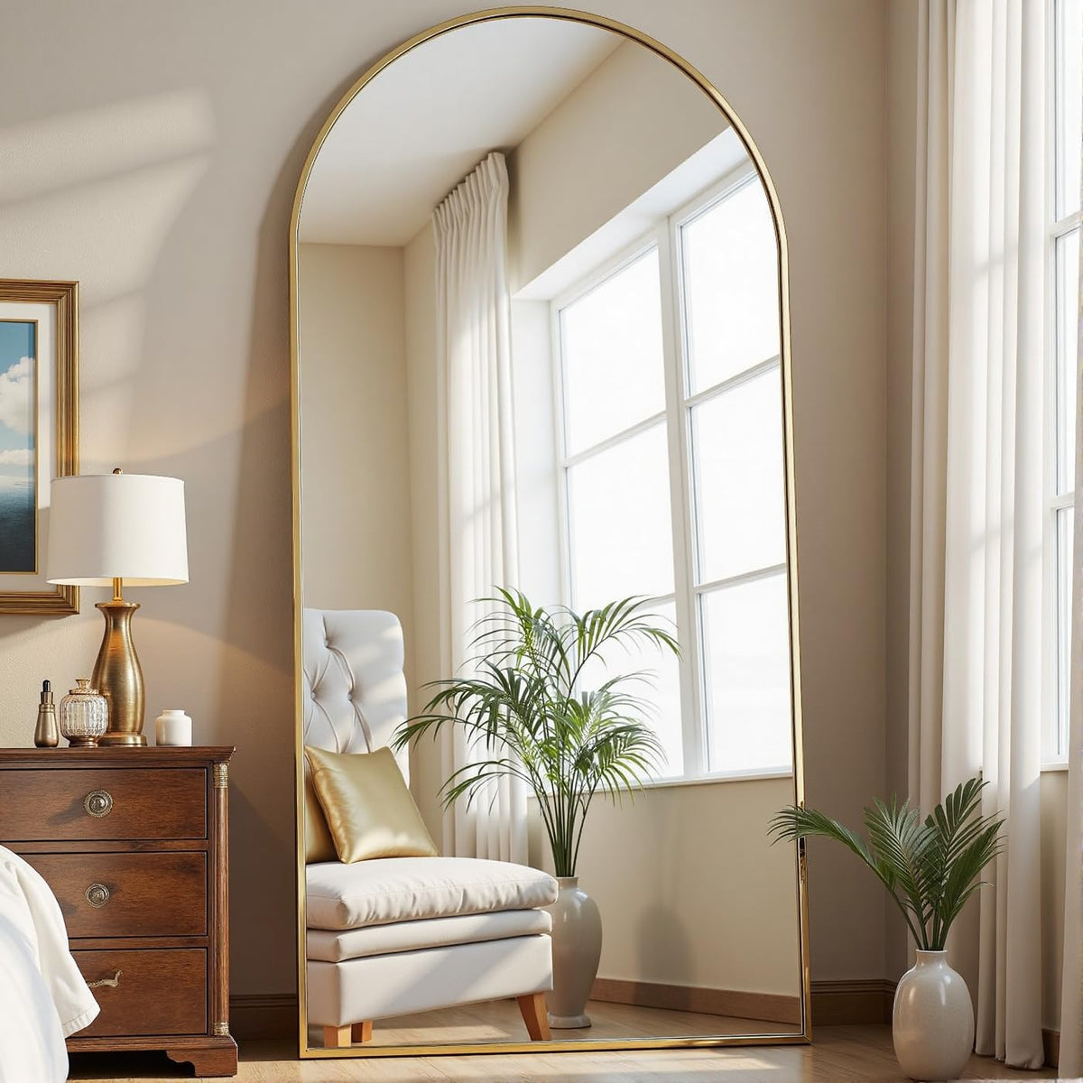 Dewfig Vintage Arched Wall Mirror, 30"x22" Bronze Antique Bathroom Mirror