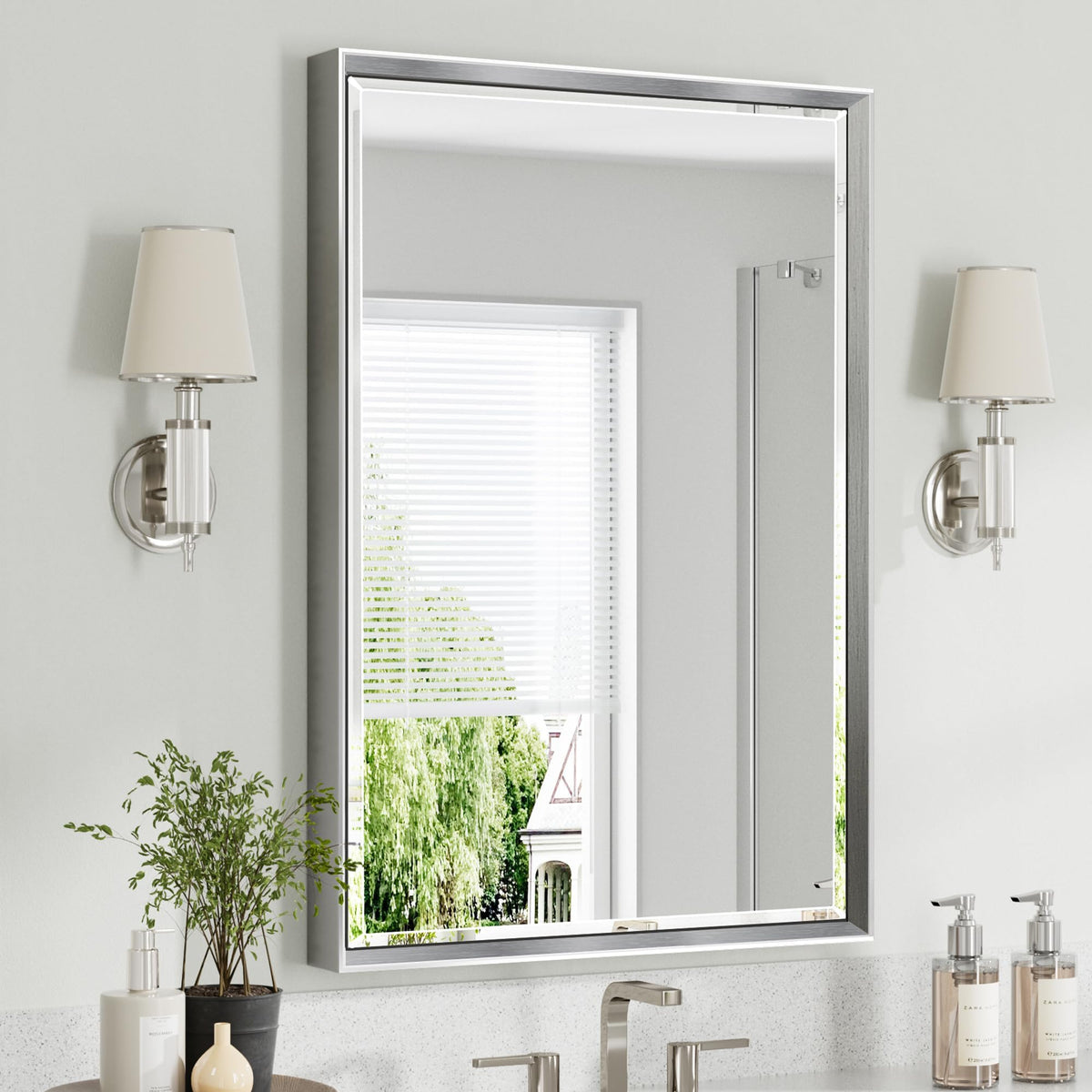 Brushed Nickel Bathroom Mirror, 24x32 Inch Beveled Framed Bathroom Mirror Anti-Rust, Brushed Nickel Metal Frame Bathroom Vanity Mirror for Wall, Vertical/Horizontal Wall-Mounted Mirrors