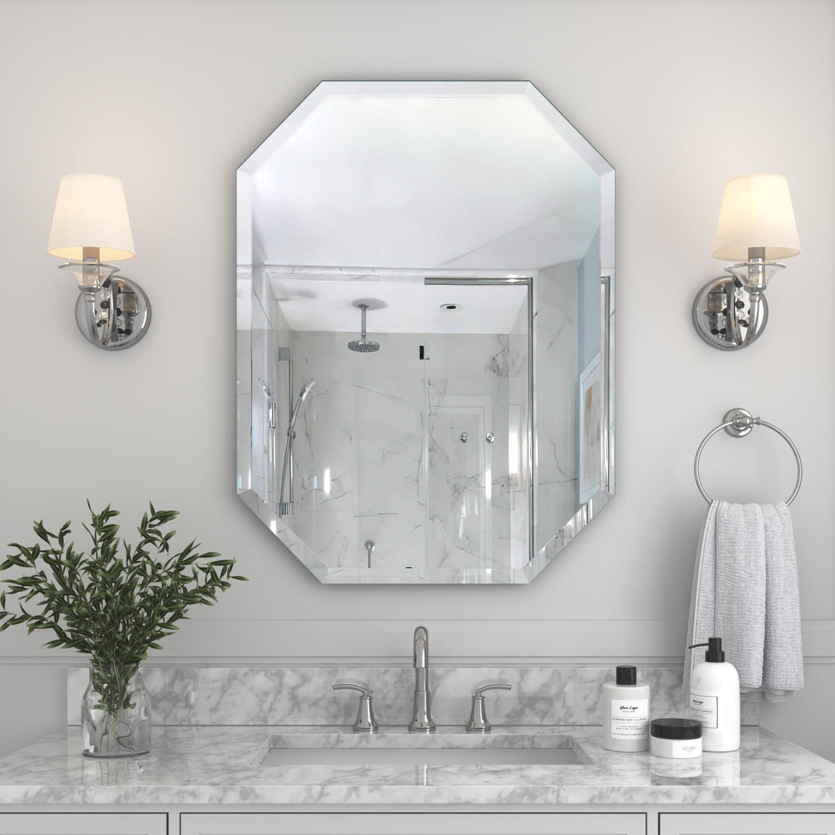 Silver Wall Mirror-Beveled Edge Frameless Mirror for Bathroom, Vanity, Bedroom, Rectangle Mirrors （32X24inch）