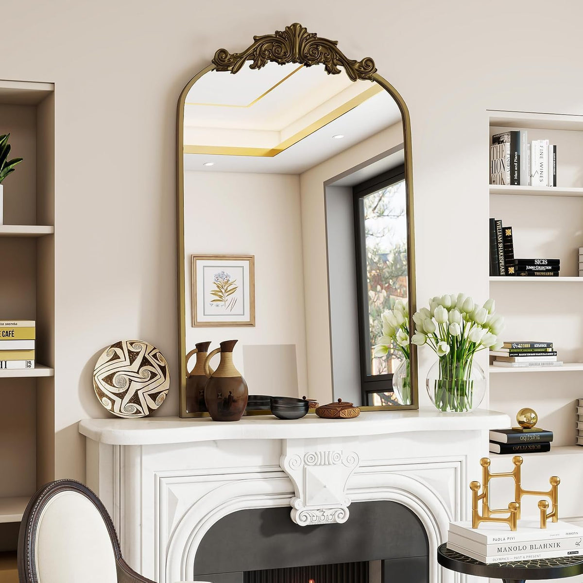 Dewfig Vintage Arched Wall Mirror, 30"x22" Bronze Antique Bathroom Mirror