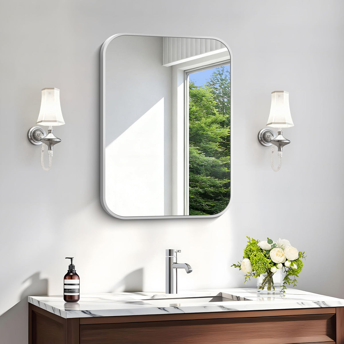 Black Bathroom Mirror, 28x42 inch Aluminum Metal Frame Rectangular Vanity Mirror, Wall Mounted Rectangle Mirrors with Rounded Corner for Bedroom Living Room Hangs Horizontal Or Vertical