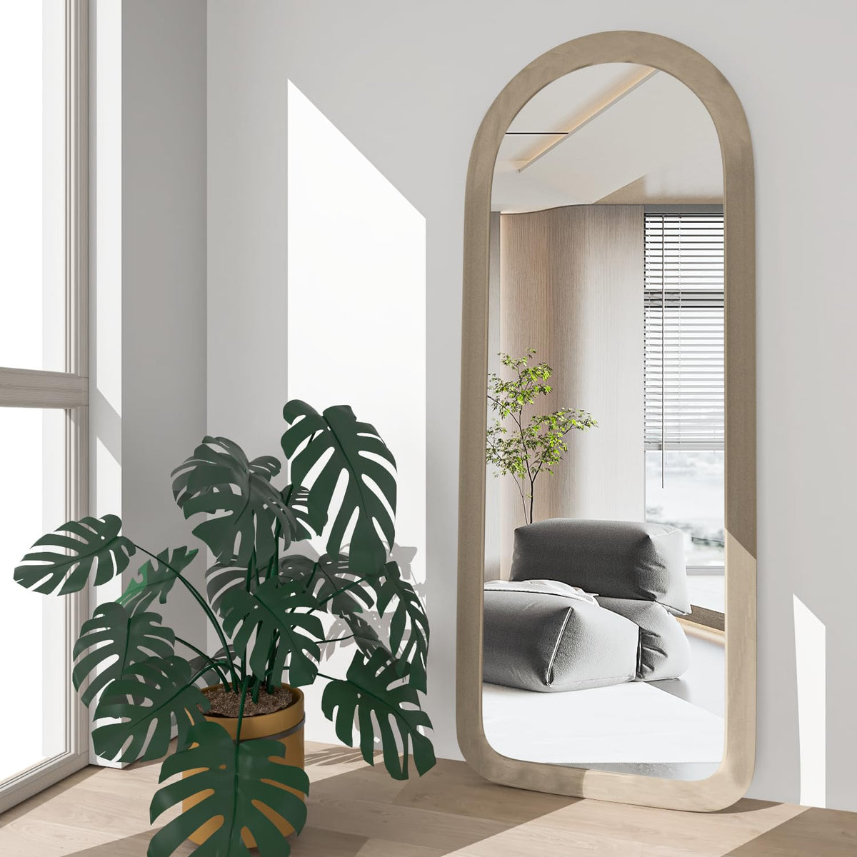Full Length Mirror 56"x20" Arch Floor Mirror with Stand Arched Full Body Mirror Standing Hanging or Leaning Against Wall for Bedroom Flannel Wrapped Wooden Frame Purple