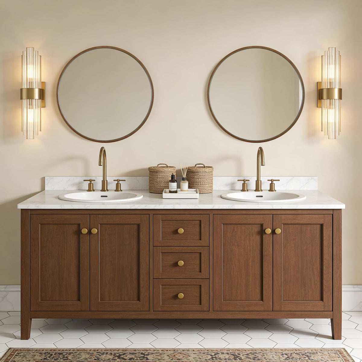 WallBeyond Wood Round Mirror with Wood Frame 24 inch Circle Wall Mirror for Bathroom Round Wall Mirror for Wall Decor, Vanity, Entryway Living Room (Walnut)