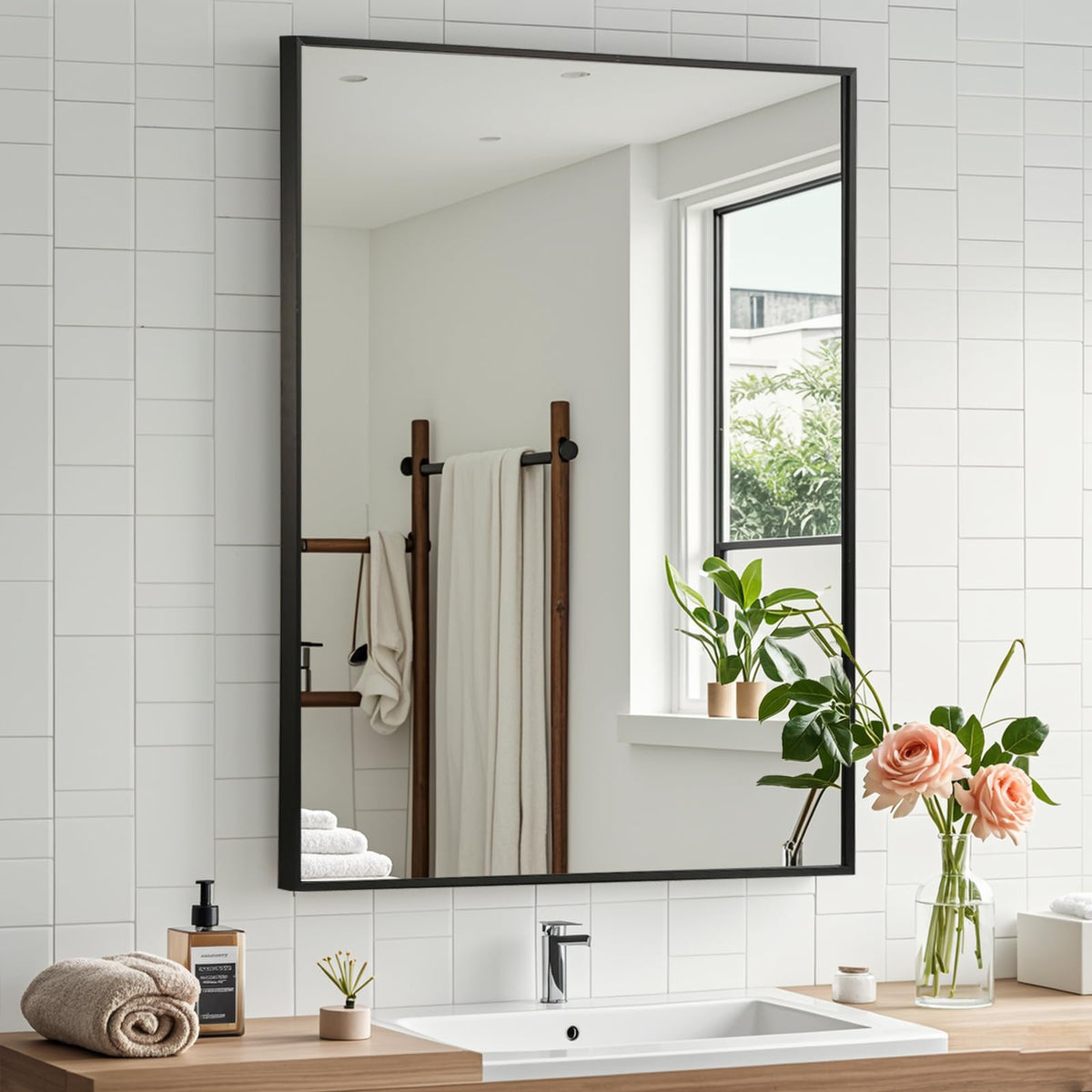 Brushed Nickel Bathroom Mirror, 30"x36" Rectangle Mirror, Brushed Mirror, Metal Frame Square Corner Vanity Mirror, Wall Mounted Mirror for Modern, Living Room, Bedroom, Horizontal Or Vertical