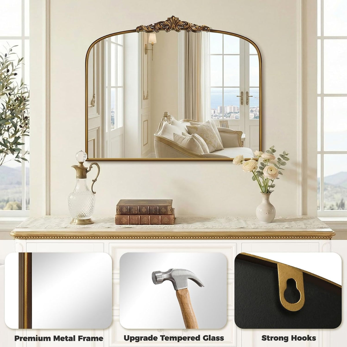 Vintage Gold Mirror 36"X30" Arched Antique Wall Mirror