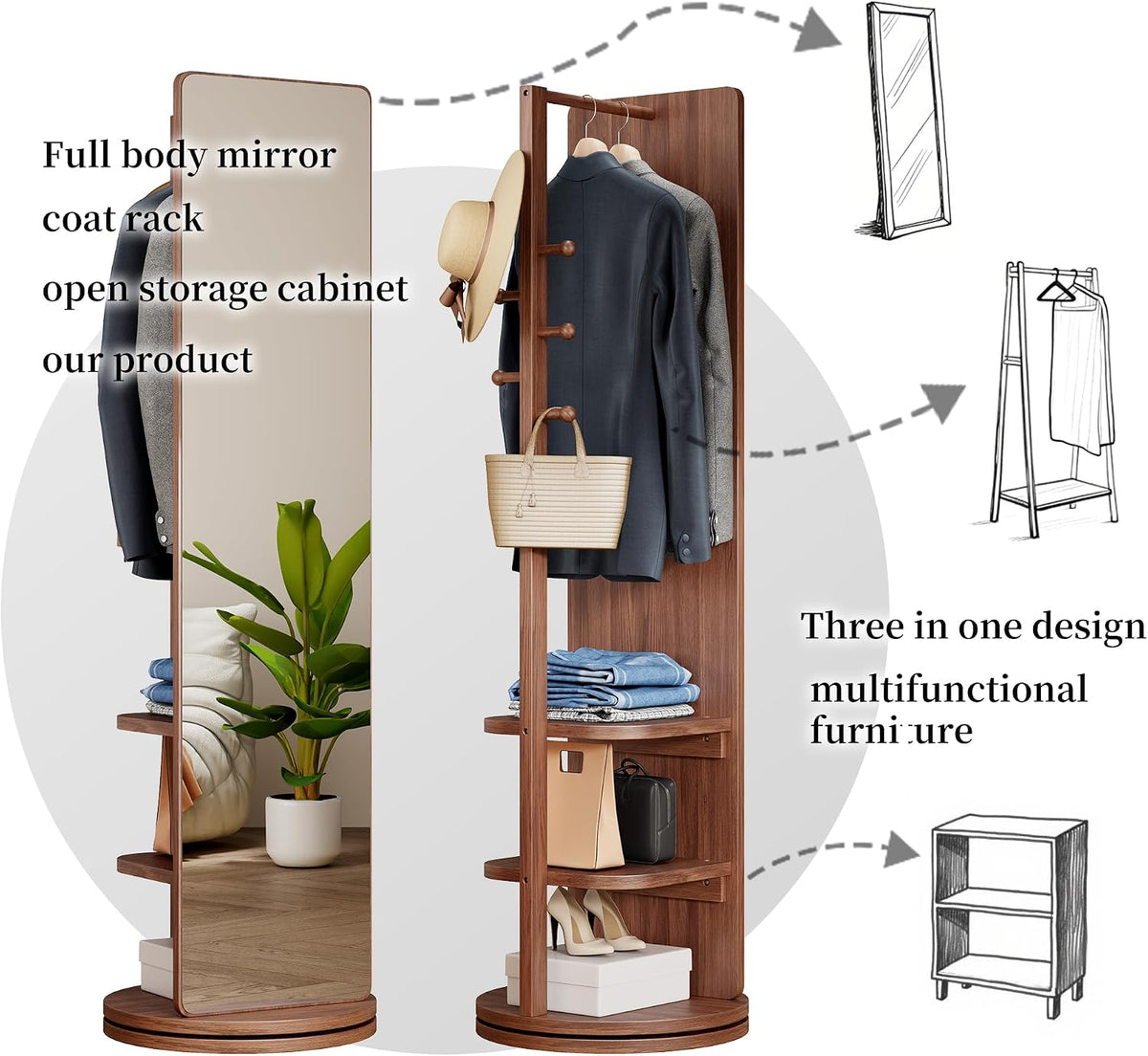 360° Rotating Full Length Mirror with Hook Storage Rack,Body Mirror Storage