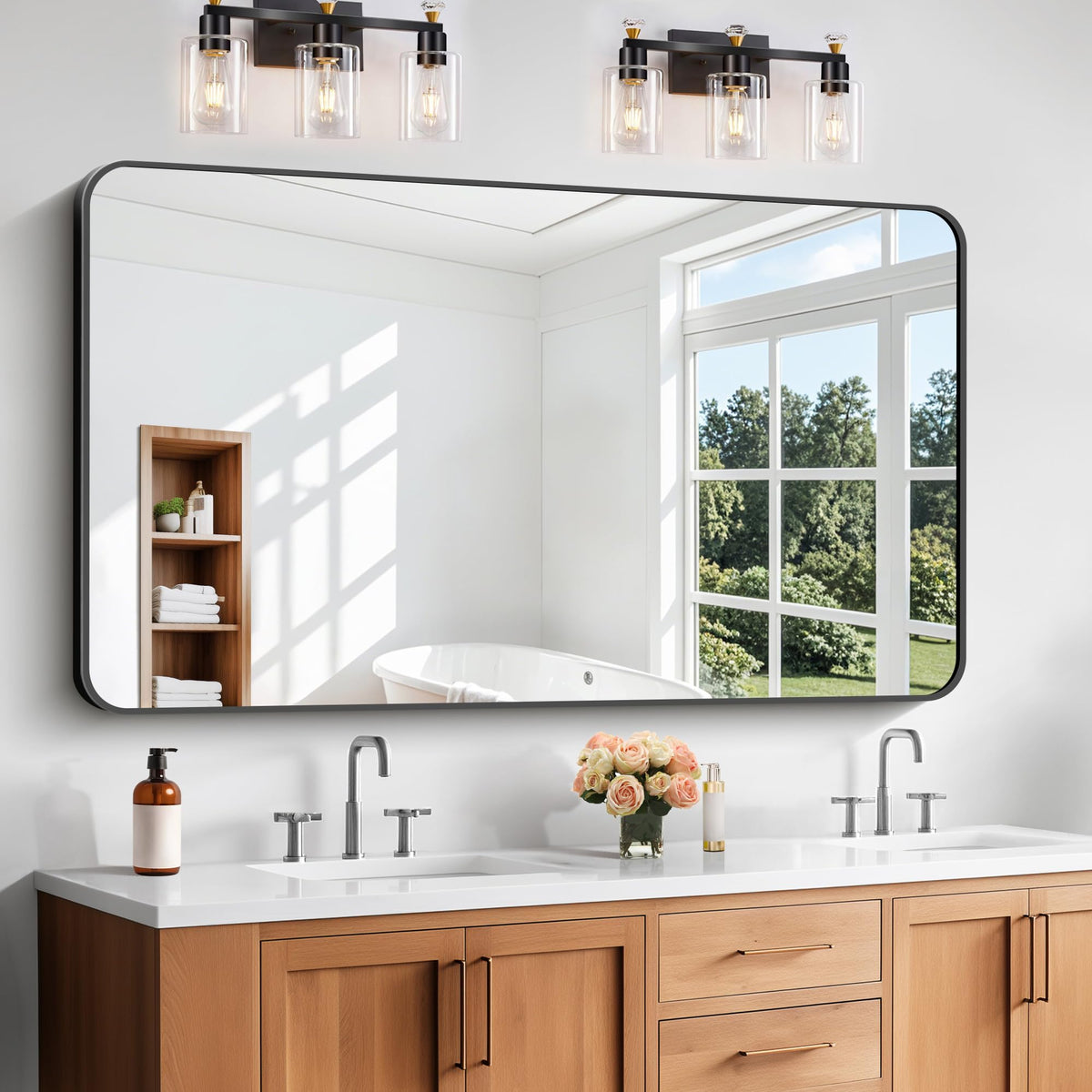 Black Bathroom Mirror, 28x42 inch Aluminum Metal Frame Rectangular Vanity Mirror, Wall Mounted Rectangle Mirrors with Rounded Corner for Bedroom Living Room Hangs Horizontal Or Vertical
