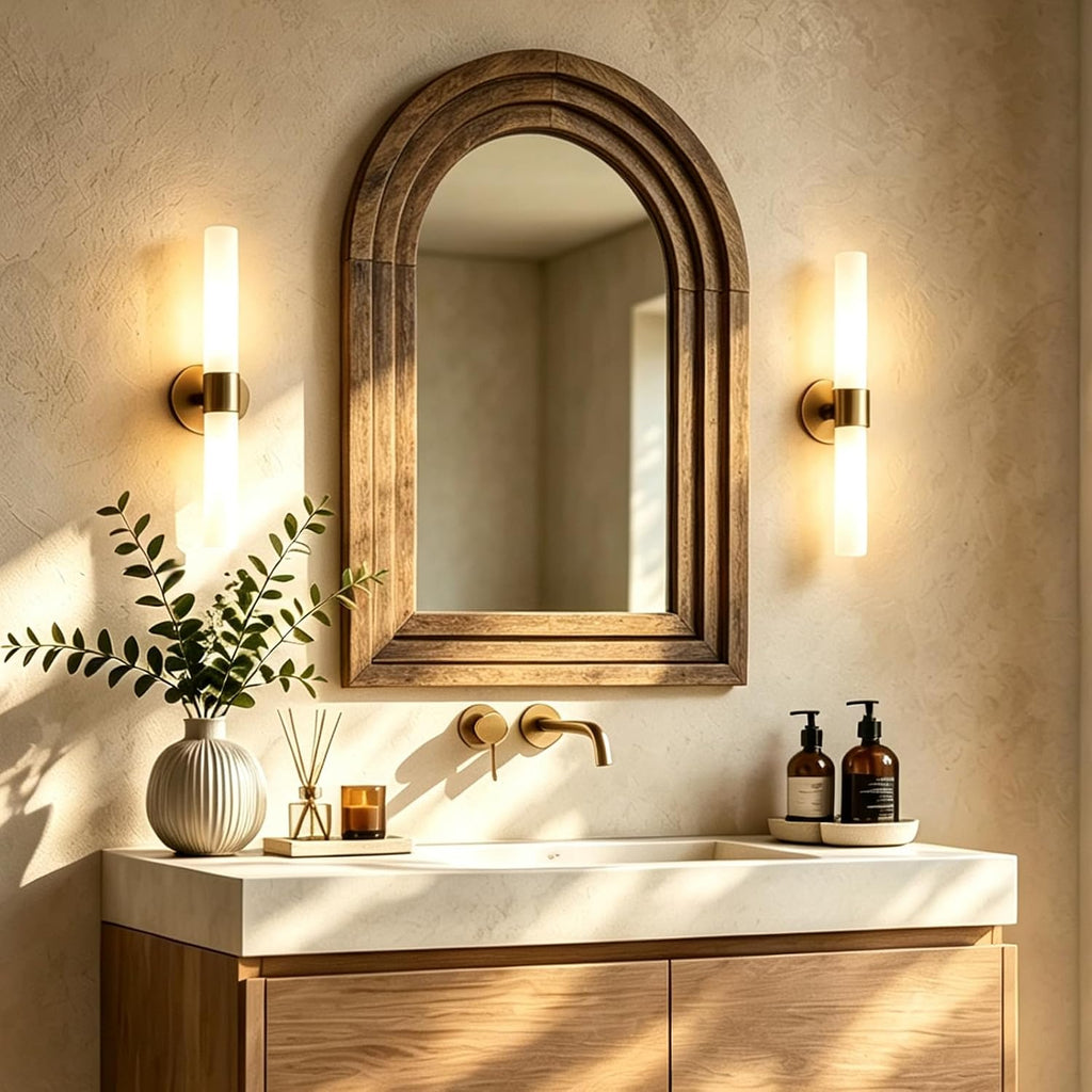 OUZUGIE Squared Arch Bathroom Mirror, Wood Frame, 24 x 36 in, Light Walnut