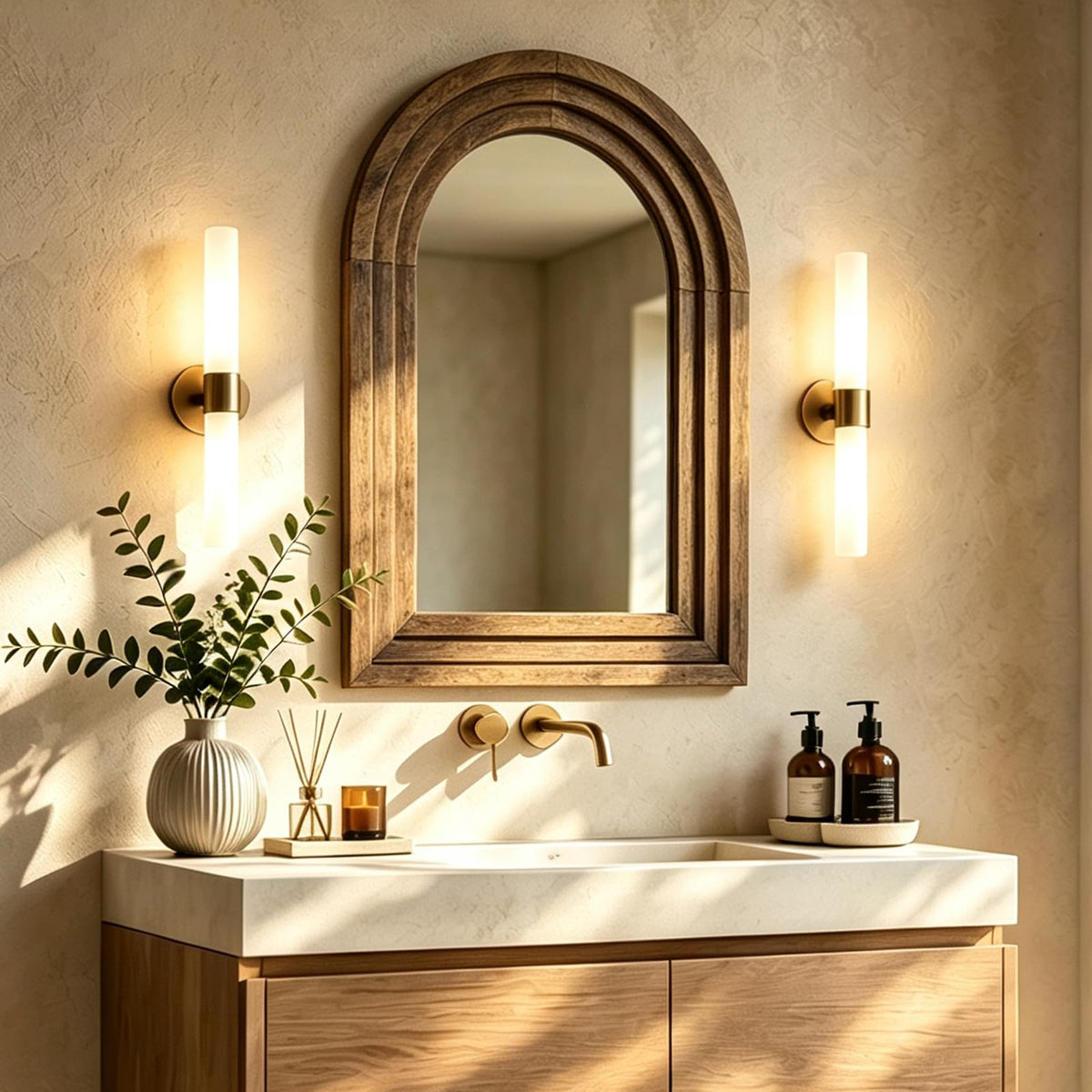 OUZUGIE Squared Arch Bathroom Mirror, Wood Frame, 24 x 36 in, Light Walnut