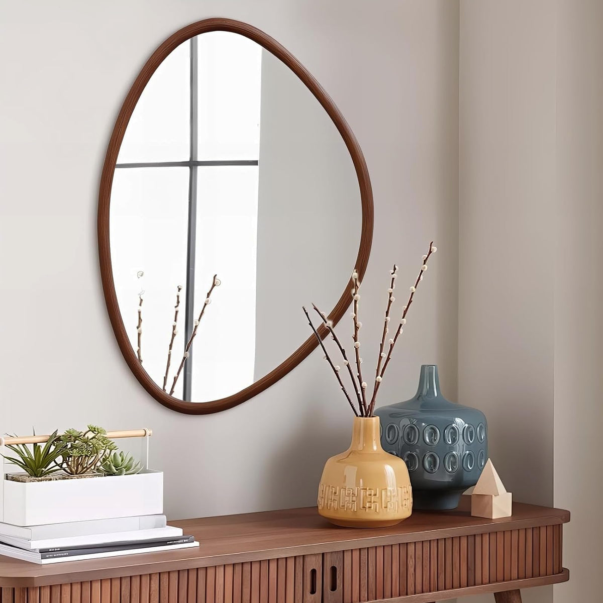 35"x24" Irregular Wall Mirror, Dark Walnut Wood Bathroom Mirror