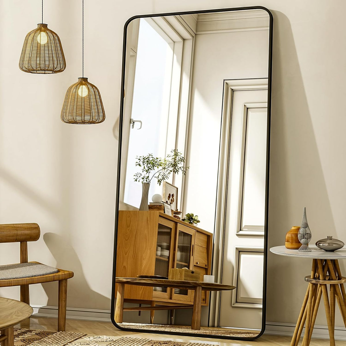 XRAMFY 76"x34" Floor Full Length Mirror Standing Full Body Rounded Corner Rectangle Mirrors with Stand Hanging Wall Mounted Leaning Bedroom Living Room Bedroom Cloakroom,Black