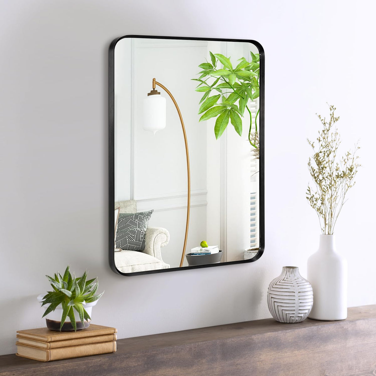 Wall Mount Mirror for Bathroom, Black Metal Framed, 24" x 36"