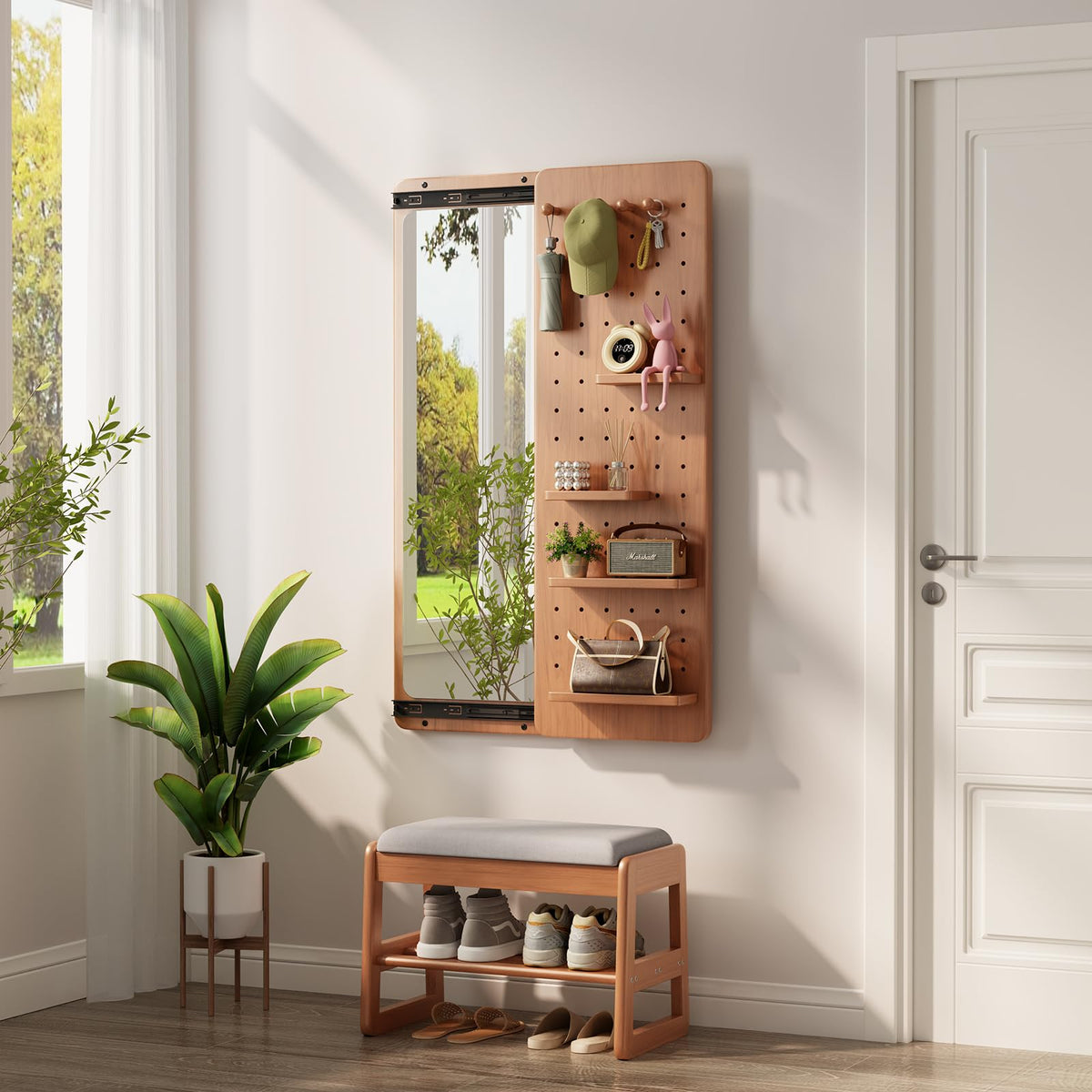 KungFuWood Full Length Mirror with Shelf and Hooks,Entry Way Mirrors for Wall,Wall Mirror with Shelf,Wall Mirror with Storage Multifunctional Design Panel,Living Room (Walnut, 52.4" L x 19" W)