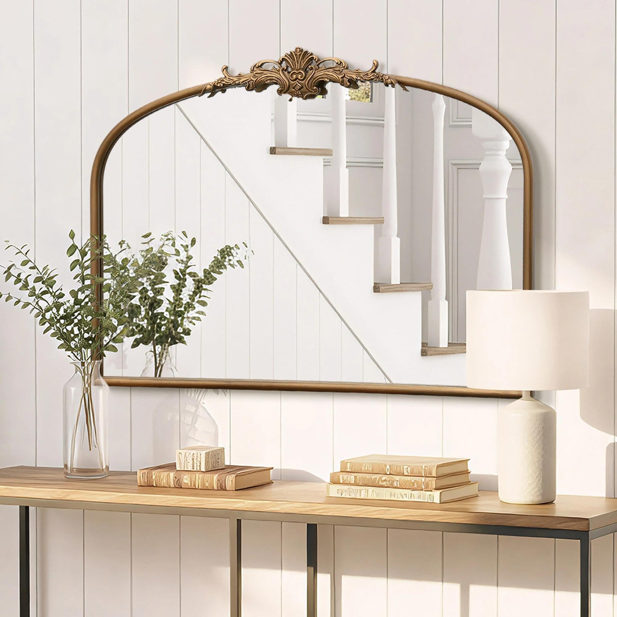 Besdomus Vintage Arched Gold Mirror: 40"x29" Large Brass Antique Decorative