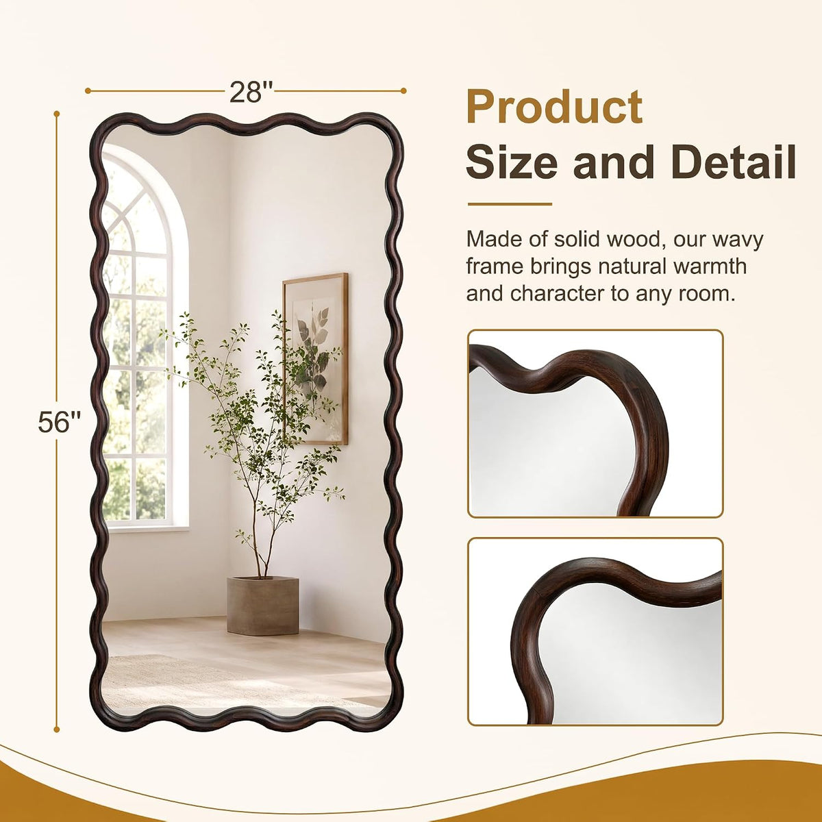 AMOISE Full Length Mirror, 56"x28" Boho Wavy Floor Mirror, Dark Brown