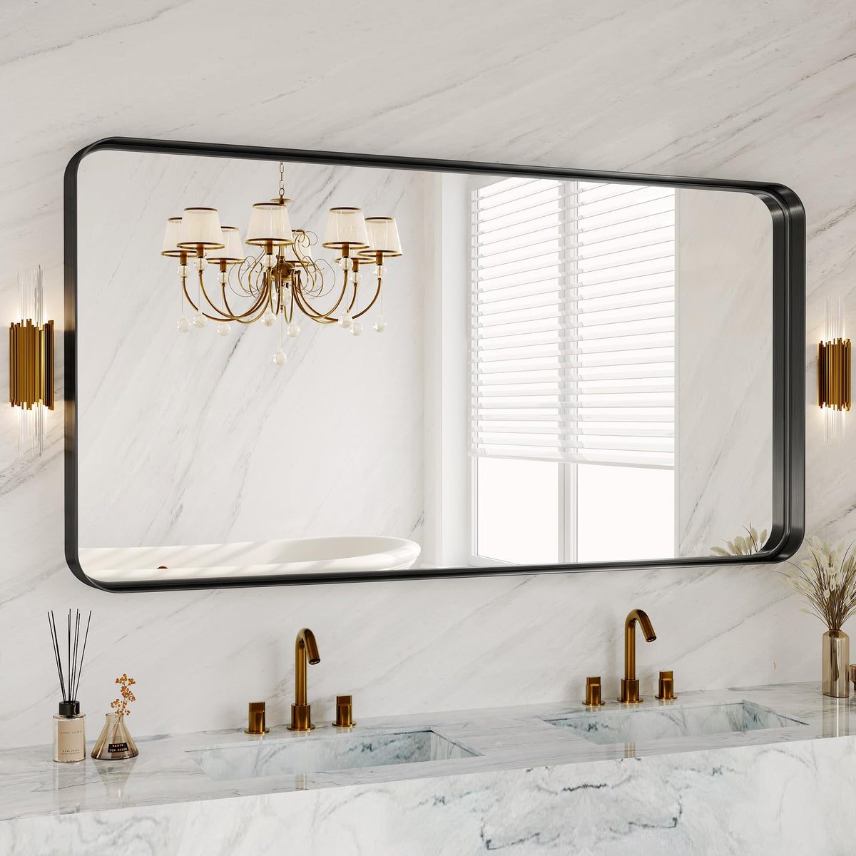 30x36 Inch Black Metal Framed Bathroom Mirror for Wall, HD Tempered Glass