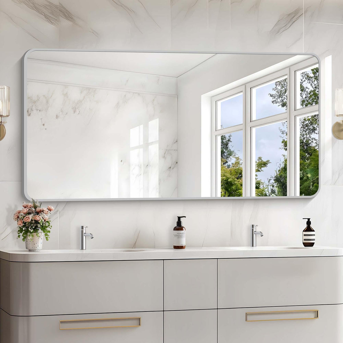 Black Bathroom Mirror, 28x42 inch Aluminum Metal Frame Rectangular Vanity Mirror, Wall Mounted Rectangle Mirrors with Rounded Corner for Bedroom Living Room Hangs Horizontal Or Vertical
