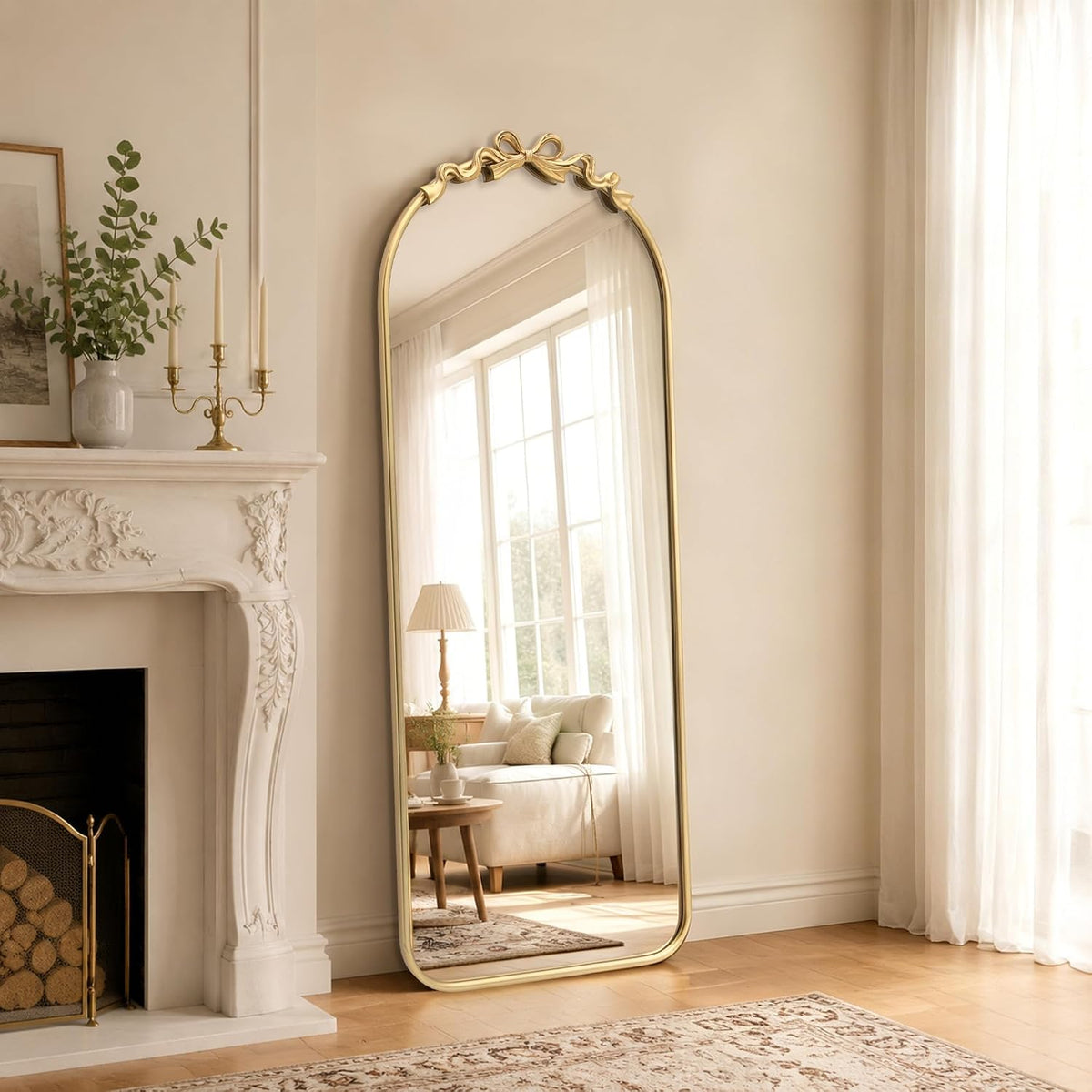 Besdomus Arched Mirror Full Length: 21"x56" Vintage Gold Bow Floor Mirrors