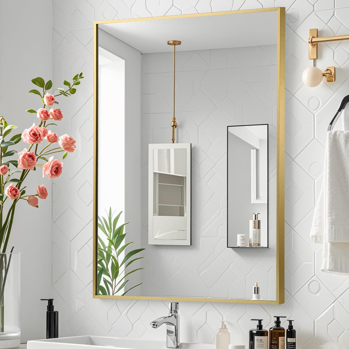 Brushed Nickel Bathroom Mirror, 30"x36" Rectangle Mirror, Brushed Mirror, Metal Frame Square Corner Vanity Mirror, Wall Mounted Mirror for Modern, Living Room, Bedroom, Horizontal Or Vertical